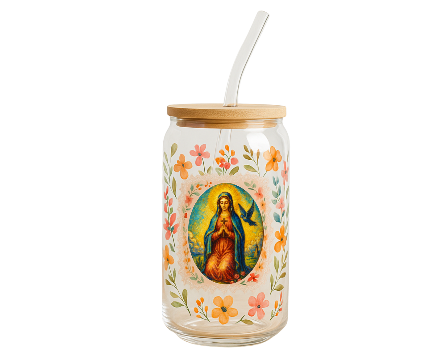 Vaso de vidrio - Maria Santísima y La Cruz