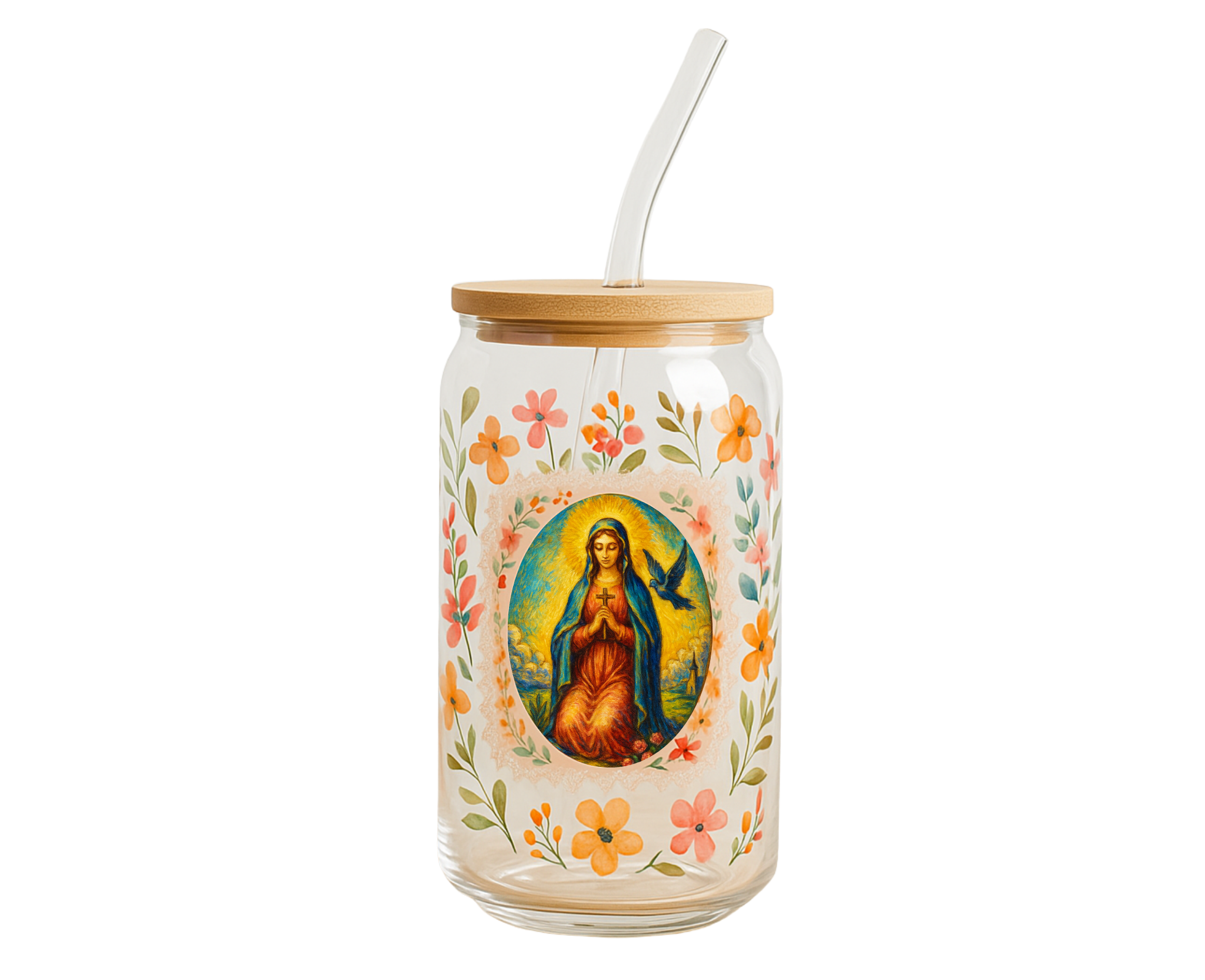 Vaso de vidrio - Maria Santísima y La Cruz